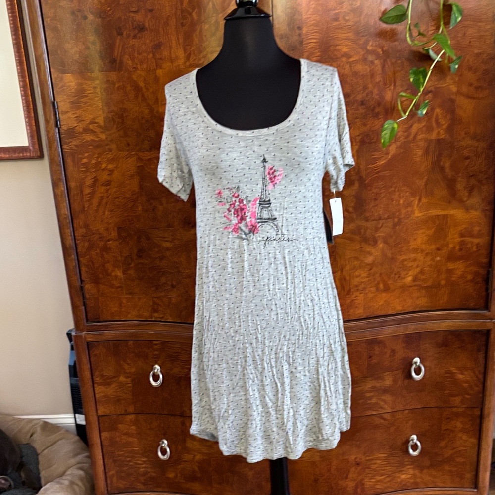 NWT Laura Ashley Gray Pajama Dress with Pink Floral Paris Design